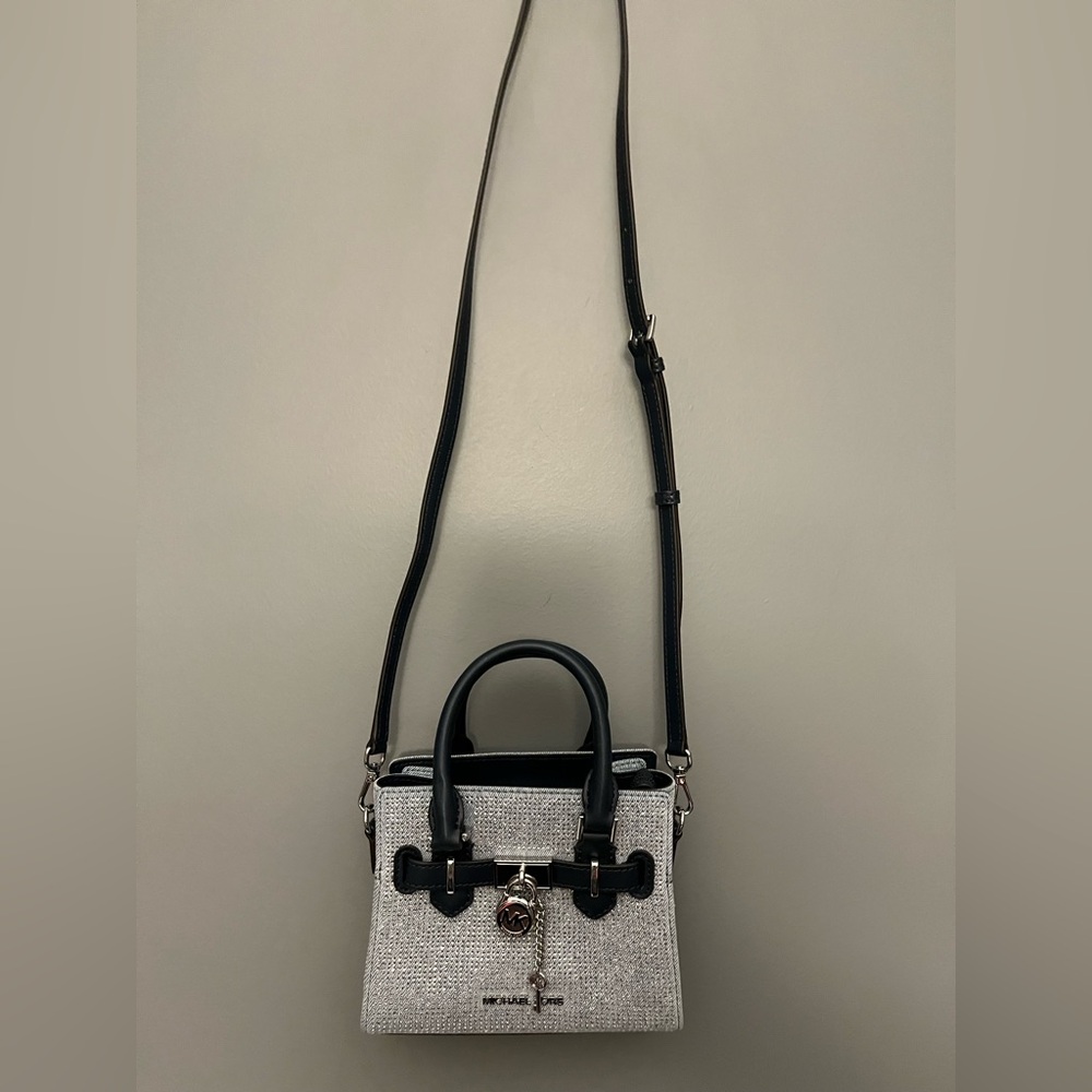 Michael Kors Hamilton Crystal Embellished Washed Denim Satchel Crossbody Bag